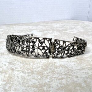 Vintage Silver Tone Filigree Marcasite Panel Bracelet 7 Inch Fold Over Clasp